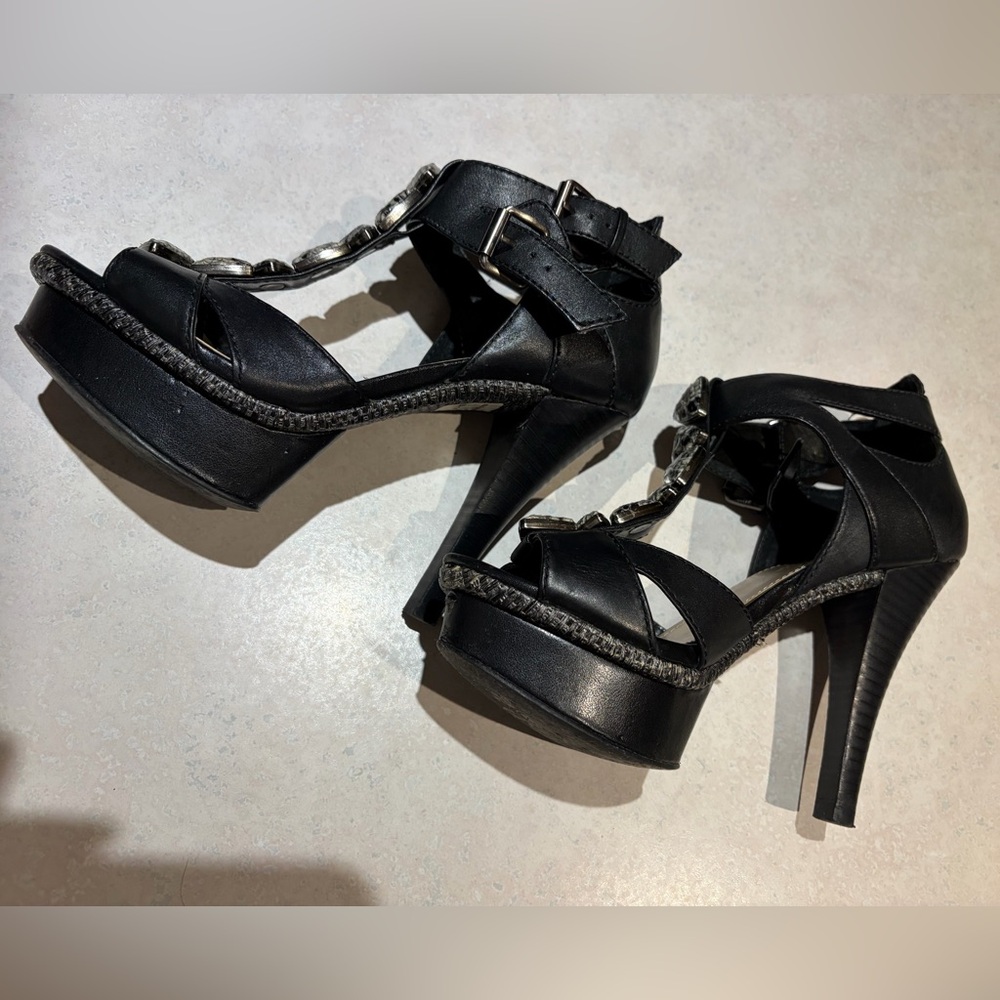 Fergie Black Leather T-Strap Platform Heels with Snakeskin Gem Details